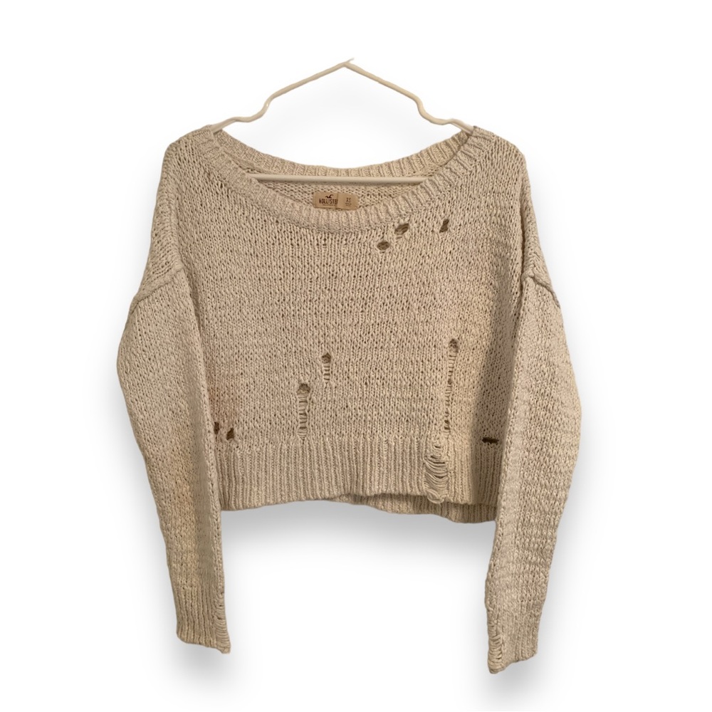 Hollister Cream Woven Sweater with Distressing size XS
